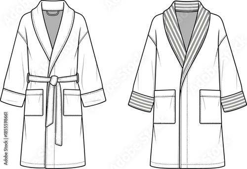 Bathrobe fashion sketch set, shawl collar, patch pockets, belt and striped detail, garment design, vector front views