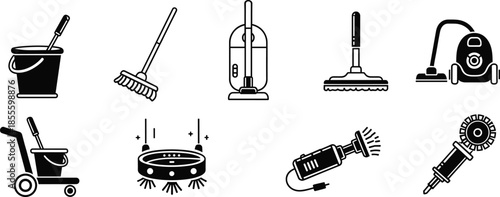 Black and white icon set of cleaning tools, manual and automated equipment, mop, vacuum, scrubber, bucket, household hygiene concept