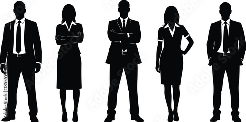 Business silhouettes, professional attire, corporate team, male female figures, standing pose, vector illustration, workplace diversity, fashion sketch, black white, office style