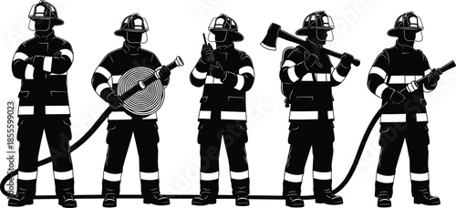 Black and white firefighter silhouette vector illustration showing emergency response team with protective gear, tools, hose, axe, radio communication equipment