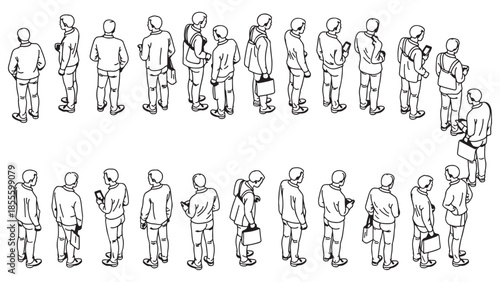 Collection of stylized black and white line art illustrations depicting various men standing facing away or slightly to the side holding bags or mobile devices