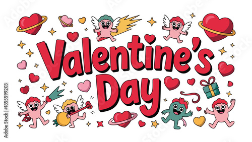 Valentine's Day Illustration: A vibrant Valentine's Day illustration featuring cupid characters, hearts, and celebratory elements, conveying a message of love and affection. 