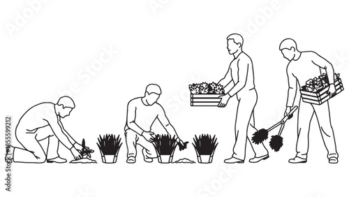 Sequence of line art illustrations depicting farm workers planting and cultivating crops showing stages of horticultural labor progression outdoors