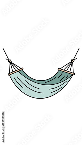 A serene hammock hangs between two trees in a lush forest, showcasing a tranquil scene of relaxation and leisure.