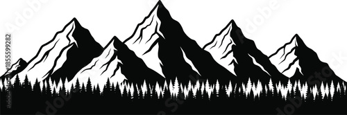 Black and white mountain range silhouette with forest trees, jagged snow peaks, wilderness landscape vector illustration for nature scenery design