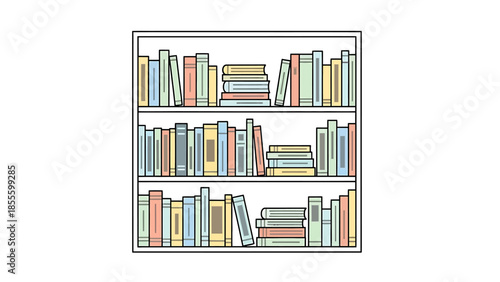 Colorful bookshelves filled with assorted literature in a cozy library setting from a straight-on viewpoint