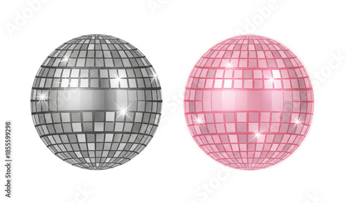 Modern disco ball vector illustration with pink and silver mirrored spheres isolated on white background