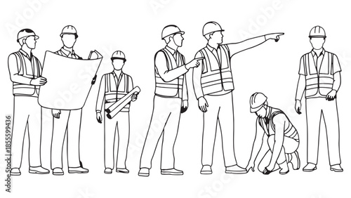 A construction worker team and engineer group holding a blueprint plan are standing together at a building project site for a safety meeting in this industrial architect line art sketch.
