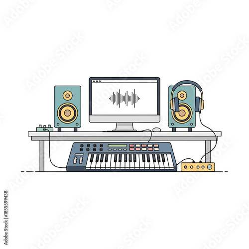 A music production setup with a keyboard, monitor, and speakers on a desk in a studio environment from a straightforward viewpoint