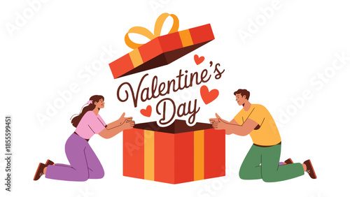 A Romantic Surprise for Valentine's Day: A couple joyfully opens a large gift box adorned with a heart and the words Valentine's Day, revealing the sweet emotions of love and appreciation.