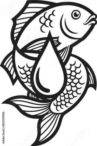 Elegant black and white line art illustration featuring two stylized fish intertwined with a prominent water drop, symbolizing aquatic life and environmental balance