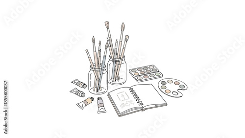 Artist's workspace with paintbrushes, paints, and sketchbook on a clean background