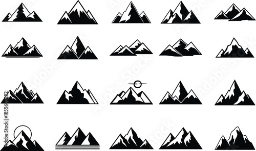 Black and white stylized mountain vector icons collection featuring peaks, snowcaps, sun elements, minimalist outdoor landscape designs for adventure graphics