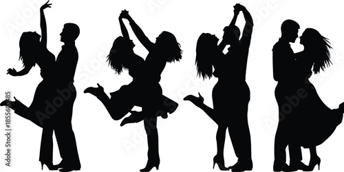 Couple dance silhouette, romantic pose, elegant movement, partner lift, twirl motion, ballroom vector, black artwork, dance icon, graceful form, love expression, dancing couple, 