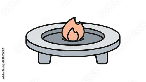A flame burns steadily on a simple, three-legged metal fire pit