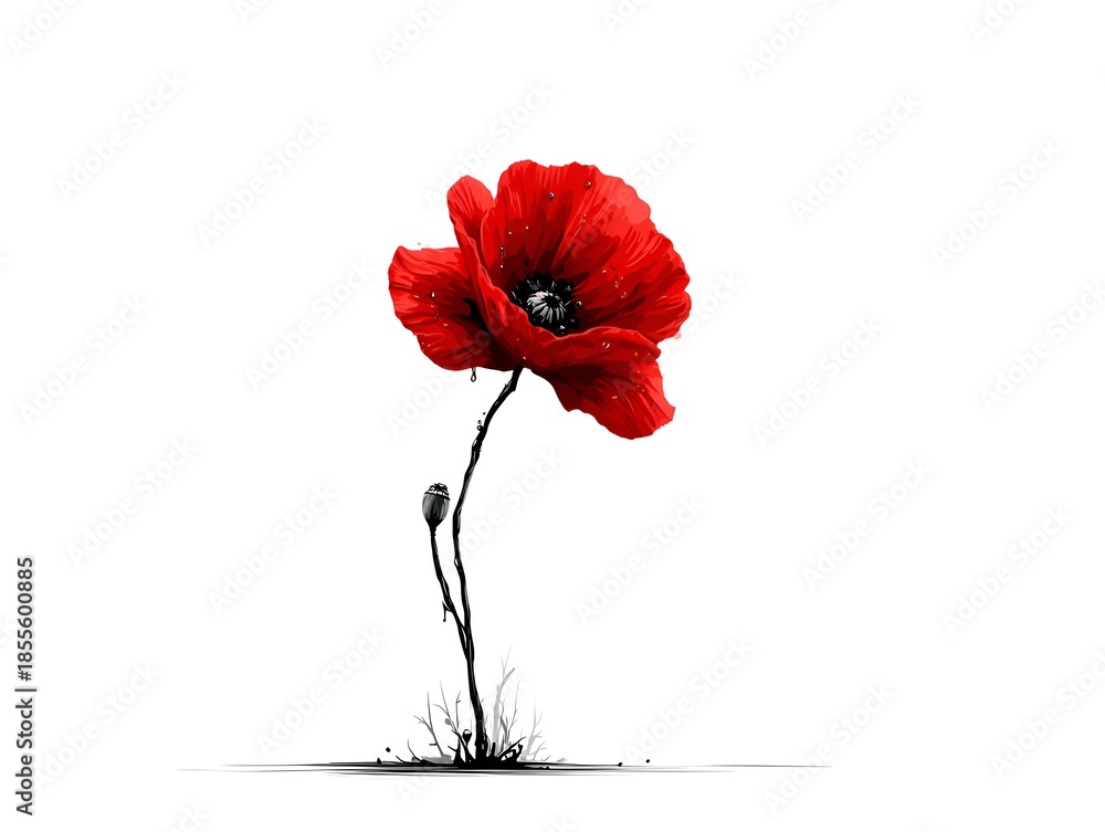 Obraz premium A vibrant red poppy blossom with delicate petals stands out against a clean white background highlighting its beauty and detail.