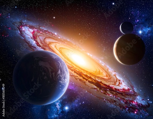 Cosmic view featuring a brilliant galaxy with planets and stars