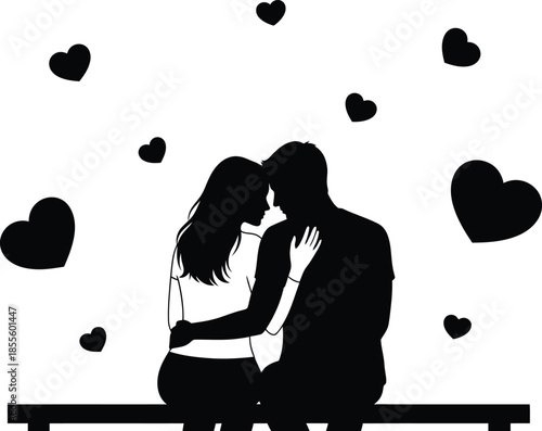 Loving couple sitting on a bench surrounded by floating hearts