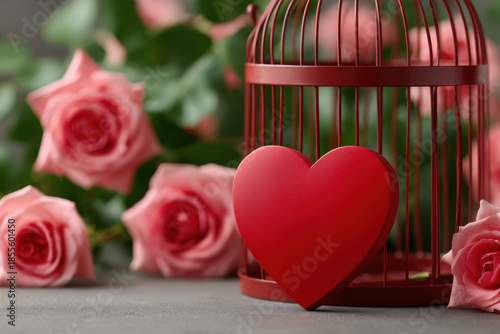 Red heart ornament leaning against decorative red birdcage with soft pink rose bloom background evoking romantic sentiment and gentle floral atmosphere