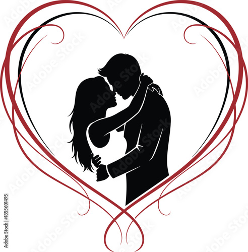 Romantic couple embracing in heart silhouette with red swirls