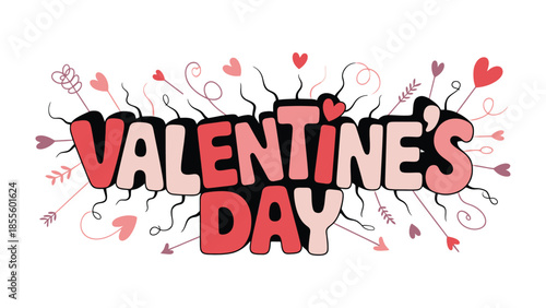 Valentine's Day graphic: A vibrant Valentine's Day graphic, featuring bold typography with decorative hearts and arrows, perfect for conveying messages of love and affection.