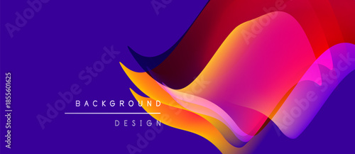 Abstract fluid shapes, vibrant colors blend. Purple background contrasts dynamic design elements. Modern aesthetic, smooth gradients present.