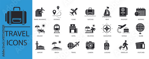 travel set icons outline and Flat Style,transparent background,
