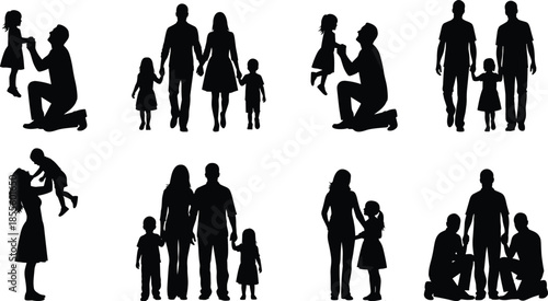 Family silhouette illustration, adult child interaction, parenting poses, vector sketch, emotional bonding, black white art, design reference, gesture diversity, caring moment