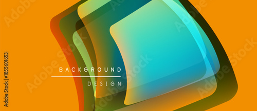 Abstract geometric shapes overlap, creating vibrant color gradients. Orange background complements turquoise, green hues. Modern design element.