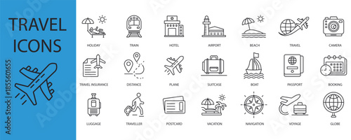 travel set icons outline and Flat Style,transparent background,