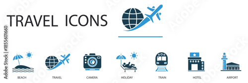 travel set icons outline and Flat Style,transparent background,