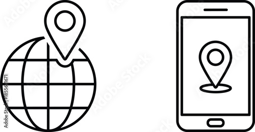 Line art navigation icons set featuring a globe with location pin and smartphone GPS tracking isolated on white background for travel apps.