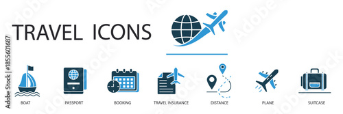 travel set icons outline and Flat Style,transparent background,