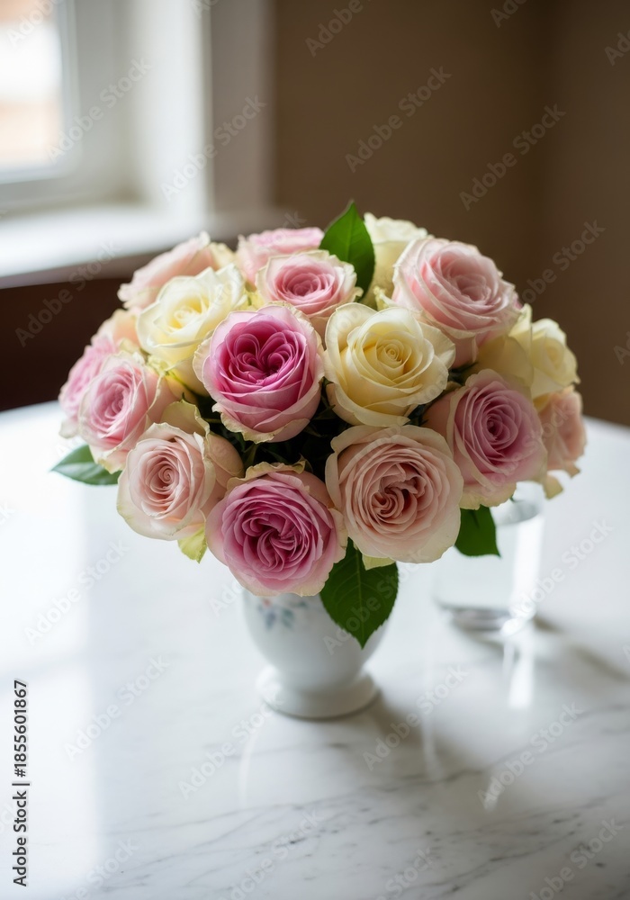 Obraz premium A beautiful floral arrangement of pink roses in a glass vase makes a romantic Valentine gift or wedding decoration featuring blooming petals and green leaves isolated on a white background