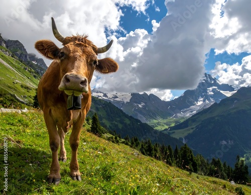 Cow in alpine meadow, looking towards majestic snow-capped mountains