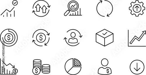 Set of 15 black business and financial line art icons including trending charts currency symbols and analytical tools on white background.