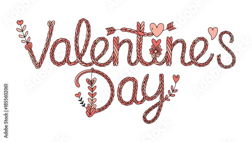 Valentine's Day: Elegant script artfully spells out Valentine's Day, adorned with delicate hearts and floral elements, perfectly capturing the spirit of love and affection.