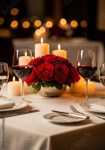 A romantic dinner table setting for a wedding celebration features red roses and champagne glasses on a decorated restaurant table for a love filled Valentine party