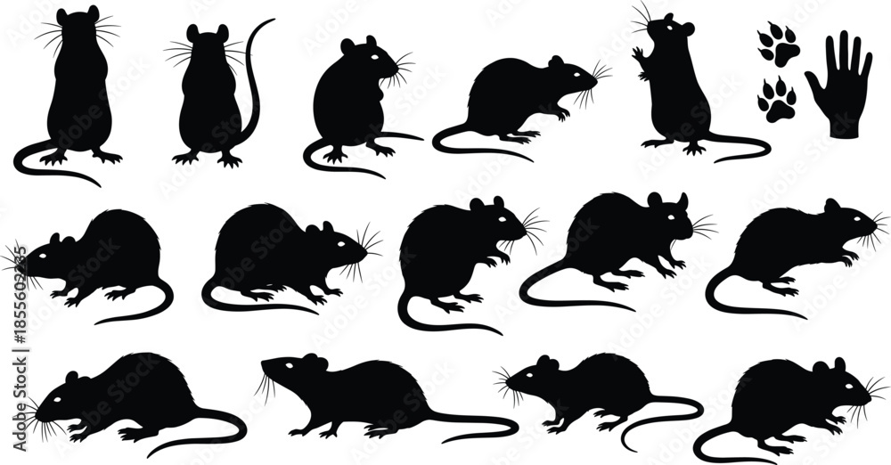 Obraz premium Black rat silhouettes in various poses with paw prints and hand icon, perfect for rodent anatomy, behavior, and pest control themes.