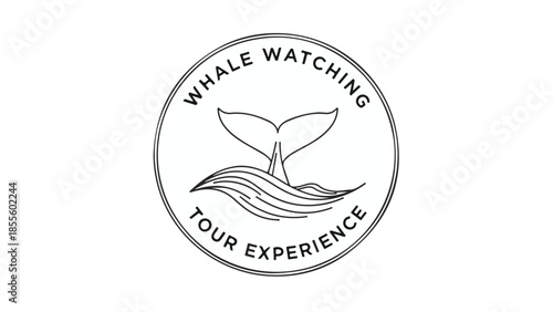 Vector isolated black line art whale tail badge with 'WHALE WATCHING TOUR EXPERIENCE' text isolated PNG with Transparent Background