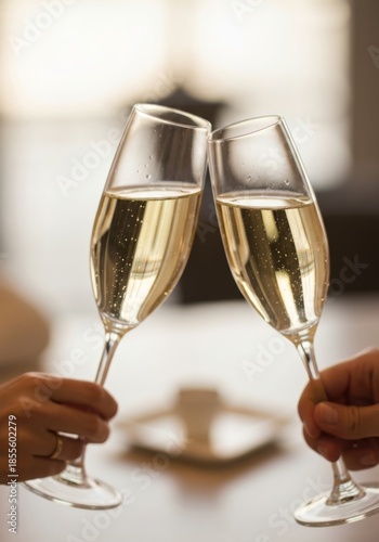 Two crystal glasses of sparkling champagne sit on an elegant restaurant table for a wedding celebration or holiday party