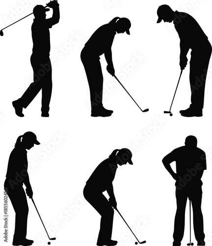Golf silhouette, swing pose, putting stance, golf club, sports vector, black artwork, athletic motion, golfer icon, golf illustration, dynamic posture, golf action, silhouette collection, 