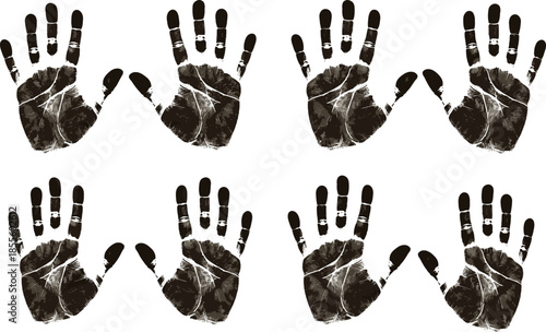 Black ink handprint pattern in symmetrical layout, isolated on white background for forensic, educational, artistic, and cultural design use.