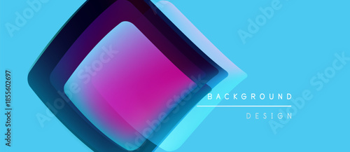 Abstract geometric shapes overlap, creating vibrant color gradients. Blue background complements pink, purple hues. Modern design element.