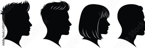 Black Silhouette Male and Female Profile Icons with Unique Hairstyles for Avatar, Character Design, Web, App, and Branding Use
