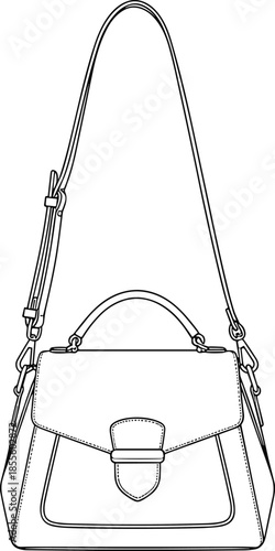 Handbag technical sketch, fashion accessory drawing, front back view, vector illustration, shoulder strap, buckle flap, design template, line art