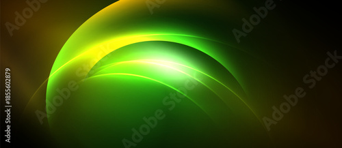 Abstract glowing curves, vibrant green hues dominate. Dark background emphasizes luminosity, creating dynamic visual impact. Smooth gradients present energy.