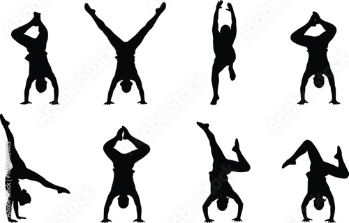 Handstand silhouette illustration, gymnastics pose, acrobatic movement, flexibility sketch, vector drawing, black white art, athletic gesture, motion study, strength balance, body control