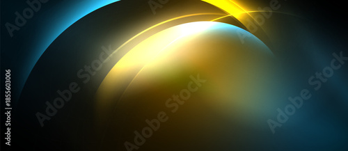 Abstract design features curved shapes, vibrant gold, blue hues. Smooth gradients create dynamic visual effect. Minimalist composition.