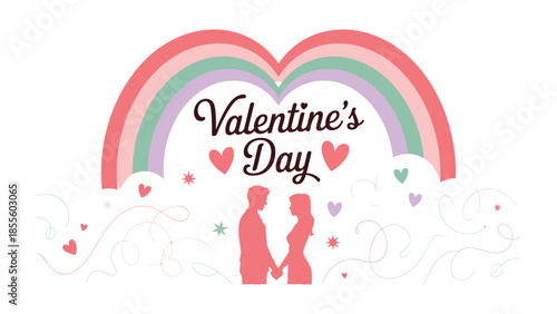 Valentine's Day Embrace: Romantic illustration captures the essence of love with a heart-shaped rainbow and holding hands.